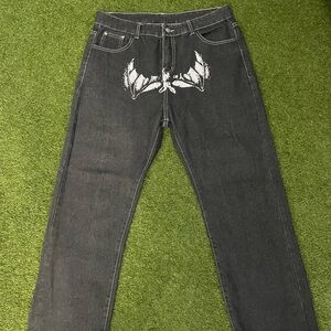 Japanese style Men's Black bat Graphic Jeans